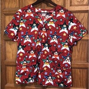 White Cross Red Christmas Winter Snowman Top Women's XL Cotton Scrubs Pockets